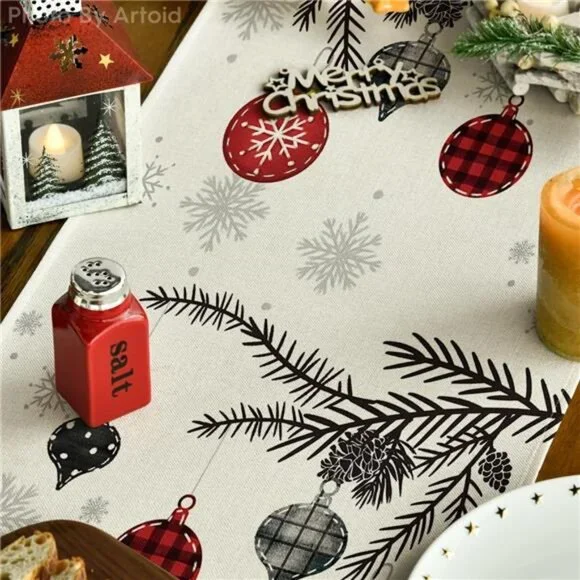 Red Pine Trees Merry Christmas Table Runner, Winter Xmas Holiday - Picture 3 of 8